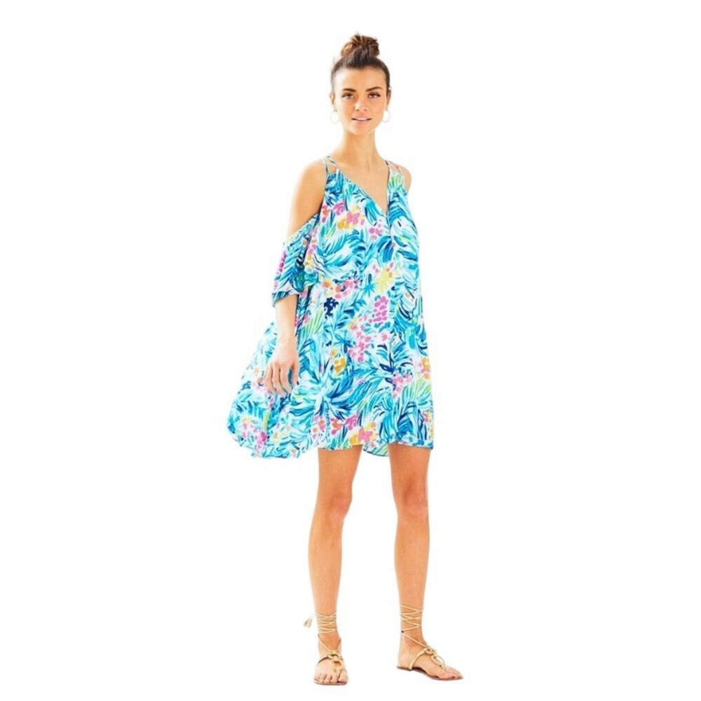 Lilly Pulitzer Bellamie Dress Women’s Size Small Blue Floral Cold Shoulder Swing